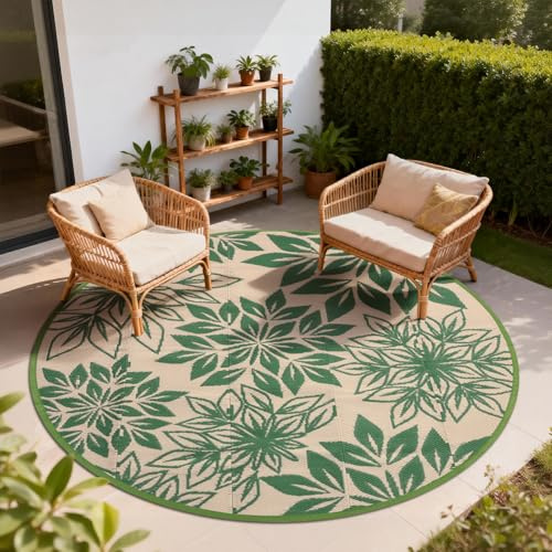 TUKDAK Tapis rond pour extérieur de patio 180 cm, tapis de jardin extérieur vert à feuilles réversibles imperméables, tapis de patio rond pour l'extérieur résistant aux UV pour balcon, terrasse