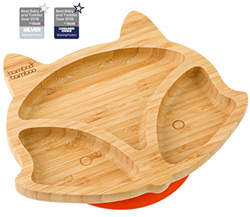 bamboo bamboo Baby Teller Kinderteller, Kindergeschirr mit Saugnapf, Sugnapf Teller Baby ab 6 Monaten (Fuchs, Orange)