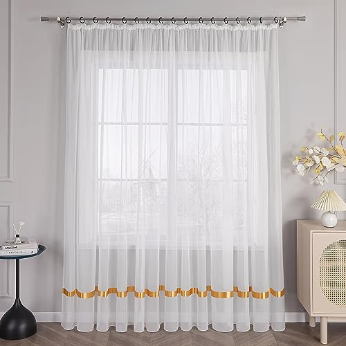 HongYa Stores Voile Gardine Schal Transparenter Vorhang mit Satinband Kräuselband H/B 170/450 cm Gelb