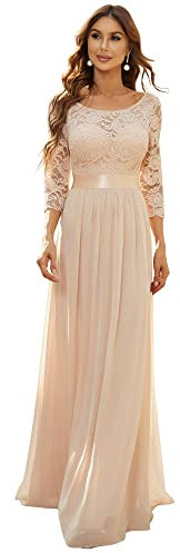 Ever-Pretty Women's Round Neck 3/4 Sleeves A Line Empire Waist Lace Elegant Maxi Evening Party Dresses Blush 14UK