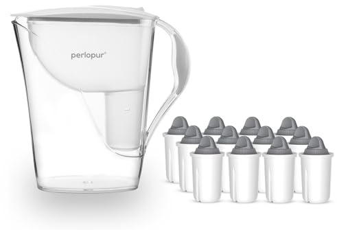 perlopur® Wasserfilter Fashion (weiß) +12 Filterkartuschen Protect+ | 3,3 l ges., 1,6 l gefiltert, Einfüllverschluss, BPA-frei, für classic Kartuschen, für sehr hartes Wasser, starke Entkalkung