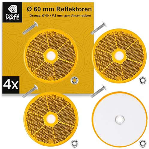 Runde Reflektoren zum Anschrauben, 4 Pack, Orange, Ø 60 mm Durchmesser, mit E-Prüfzeichen, inkl. M5 Schrauben + Muttern, Sicherheitsreflektor für Anhänger, Wohnwagen, Pfosten, Katzenauge rechts links