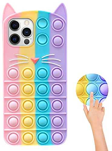 Pop Bubble Fidget Toys Handyhülle für iPhone 12 Pro Max Hülle, Push Bubble Pop Fidget Sensory Toy Regenbogen Silikon TPU Schutzhülle, Süße Katze Weich Silikon Stoßfest Handyhülle für Frauen Mädchen