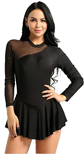 CHICTRY Eiskunstlauf Kleid Damen Glitzer Strass Langarm Ballettkleid Mesh Patchwork Trikot Turnanzug Mit Asymmetrisch Rock Tanzkleid Wettbewerb Kostüm Schwarz B M