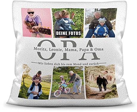 Foto-Kissen selbst gestalten - Opa wir lieben Dich - Collage mit 6 Fotos & Namen - Geschenk für den besten Opa von Enkelkindern - inkl. Füllung, Kissen Weiß flauschig, 40x40 cm