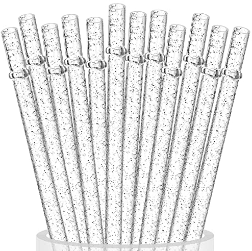 ALINK 12-Pack wiederverwendbare klare Kunststoff Glitter Strohhalme, 28cm lange harte Tumbler Ersatz Strohhalme für 590ml 890ml Yeti/Rtic, Mason Jars mit Reinigungsbürste