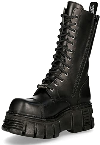 New Rock Stivali Unisex M-MILI211C-C1 in 100% Vera Pelle Nera Techno Metallizzati con Lacci da Motociclista 5