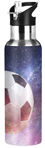 Fußball Weltraum Wasserflasche Trinkflasche mit Strohhalmdeckel Auslaufsicher Isolierte Edelstahl Thermosflasche für Jungen Mädchen Gym Sport 600ml