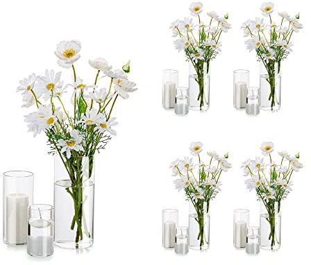 Cylinder Glass Flower Vase Clear, 4 Sets Glasseam Modern Basic Vases for Table Decoration Wedding Centrepieces Flowers Roses Pampas Grass Candle Holders for Living Room Ornaments, 10/15/20cmTall