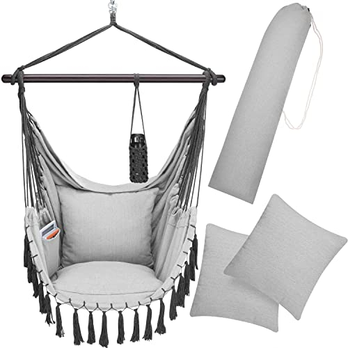 DETEX® Hängesessel bis 150kg Belastbar mit Flaschenhalter Boho Stil Wetterfest Garten 360° Drehbar Grau Hängestuhl Indoor & Outdoor Kissen