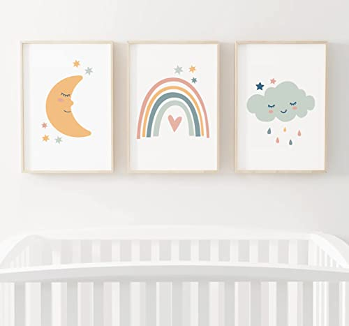 3er Set Poster Kinderzimmer Deko Mädchen Junge - Wanddeko Bilder Babyzimmer - Wandbilder Schlafzimmer Mond Regenbogen Wolke DIN A4 ohne Rahmen