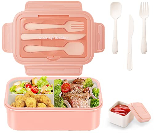 LUZOON Lunchbox Bento Box Brotdose Erwachsene 1400ml mit 3 FäChern für Kinder inkl. Besteck Jausenbox für Mikrowellen Und SpüLmaschinen, Schule Arbeit Picknick Reisen (Rosa①, 1400ml)
