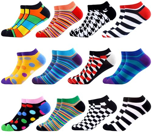 WeciBor Herren Bunt Lustige Baumwolle Gemusterte Knöchelsocken, 12 Paar Mehrfarbig Geometrisch, Größe 39-42
