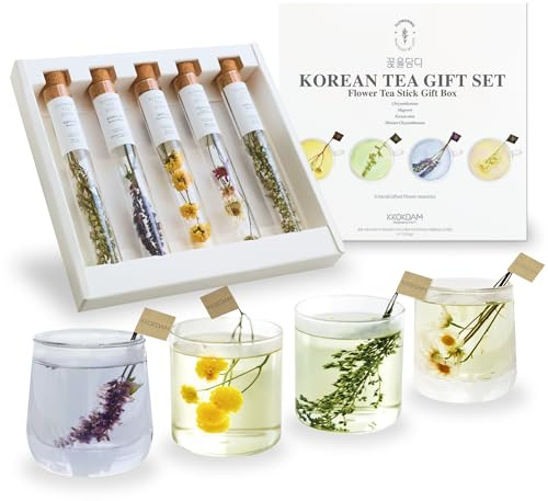 KKOKDAM Premium Flower Korean Tea Stick Gift Set - 5 Handcrafted Blooming Herbal Tea Variety Pack in Glass Tubes, Caffeine-Free Women & Mom Gift Box
