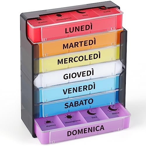 Opret Portapillole Settimanale ITALIANO, Portapillole Giornaliero Grande, Porta Pillole Settimanale a 28 Scomparti, Organizer per Pillole da Viaggio