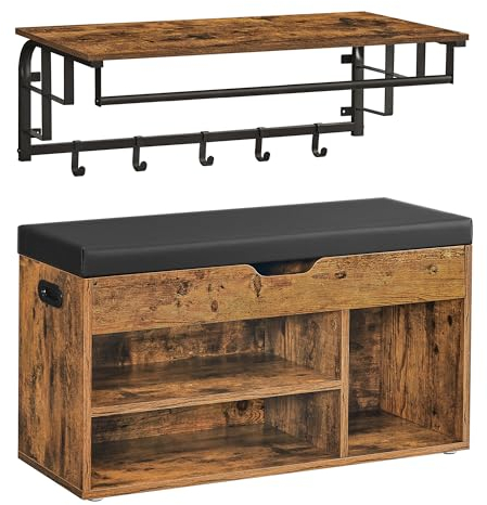 VASAGLE Schuhbank, Wandgarderobe, Industrie-Stil, Möbel-Set für Eingangsbereich, Wandregal mit 5 abnehmbaren Haken, Sitzbank mit Sitzkissen, vintagebraun-schwarz LSR132B01