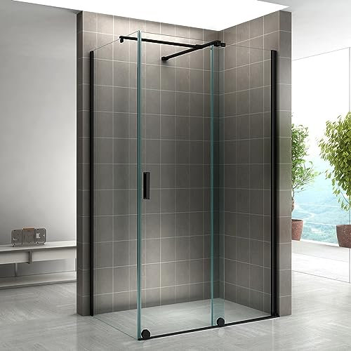 NAPOLI-BLACK Paroi de douche d'angle coulissante noire H. 200 cm verre 8 mm transparent 90 x 130 cm (porte 130)