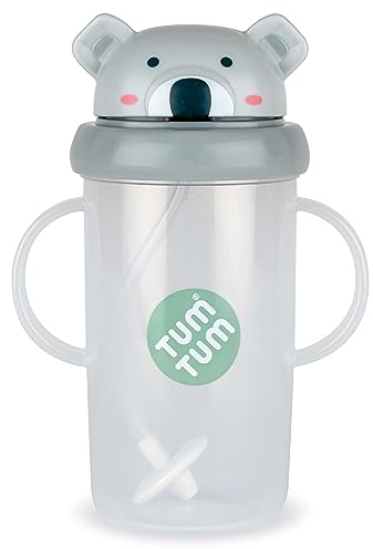 TUM TUM Tasse avec paille lestée, Tasse anti-fuite, Tasse d’Apprentissage pour Bébé, Couvercle Rabattable, Paille en Silicone (Kevin le Koala 300ml)