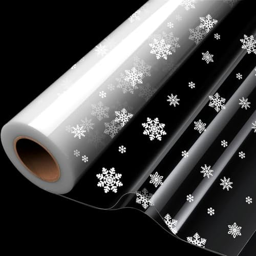 Rouleau de cellophane transparent 20 m x 84 cm imprimé flocon de neige pour emballage cadeau de Noël, paniers, nourriture, cadeaux d'anniversaire, fleurs et emballage artisanal