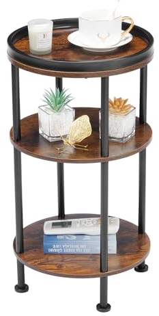 YEAKOO Nordic End Table, 3-Tier 30cm Round Side Table with Storage Shelf Edge Protection Tray, Sturdy Metal Frame Coffee Table Bedside Table for Living Room Bedroom Small Spaces-Rustic Brown