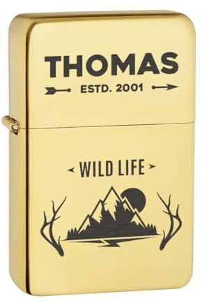 Goldenes Benzin Sturmfeuerzeug mit Gravur - Geschenk zum Geburtstag und Weihnachten - Geschenke für Männer - für Outdoor-Aktivitäten wie Camping, Wandern und Jagen - Feuerzeug aus Metall