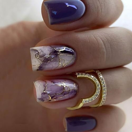 24Pcs French False Nails Short Square Press on Nails Purple Tip Gold Glitter Stick on Nails Acrylic Marble Fake Nails Reusable Artificial Glue on Nails for Women and Girls Nail Art Accessories