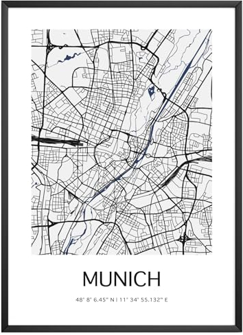MJ-Graphics - Stadtkarte-Poster München - Bild mit schöner Karte & Koordinaten | Wandbild Din A2 in Galerie Qualität mit extra dickem 300g Posterpapier - FineArt Kunstdruck ohne Bilderrahmen