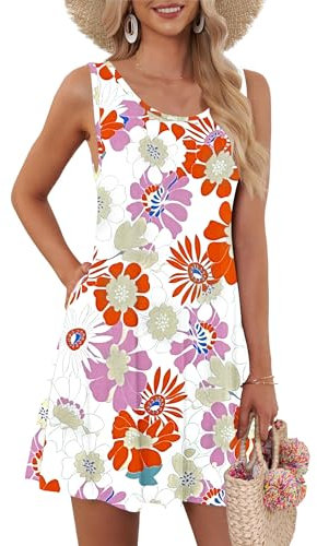 AUSELILY Robes d'été pour Femme Robe sans Manches Décontractée pour Femme avec Poche Fleurs Orange Rose XL