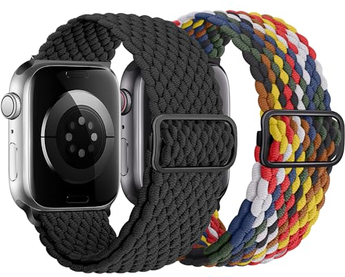 HalfYue Geflochtenes Solo Loop Band Kompatibel mit Apple Watch Armband 42mm 44mm 45mm 49mm für Männer/Frauen, Elastisches Nylon Armband für iWatch Series 9/8/7/6/5/4/3/2/1/Ultra2/SE, 2 Stück
