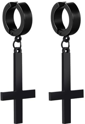 JewelryWe Umgekehrt Kreuz Ohrringe Creolen: Schwarz Edelstahl Umgedreht Upside Down Kreuz Petruskreuz Non-piercing Ohrclips Ohne Ohrloch Fake Ohrstecker Klappcreolen Huggie Hoop für Herren Damen