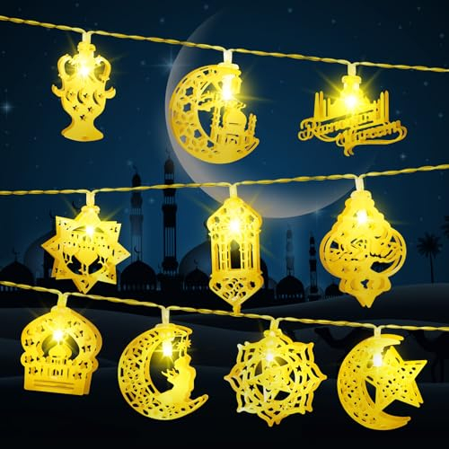 Gcstnn Ramadan Lichterkette, 1.5M 10LEDs Eid Dekorationen Mubarak Islam Batteriebetrieben Stern Mond Lichterketten mit Timer IP65 Wasserdicht, für Ramadan Eid Party Home Garten Innen Außen-Warmweiß