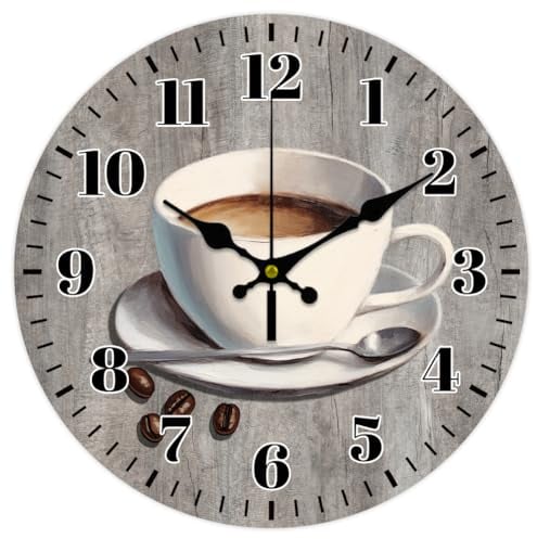 CHGCRAFT 12inch Coffee Wall Clock Coffee Cup Round en Silent Non Ticking Vintage Farmhouse for Office Home Living Room Bedroom Bathroom Kitchen Decor