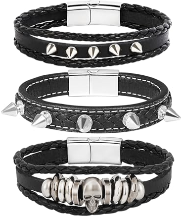 MILAKOO 3 Stück Männer Manschette Armbänder Geflochtenes Leder Armband Niete Schädel Armreif Persönlichkeit Armbänder für Party Business