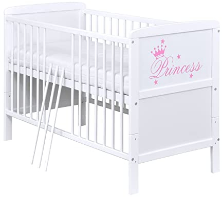 Generisch Baby Delux Babybett 70x140 Kinderbett umbaubar zum Juniorbett weiß 140x70 mit Aloe Vera Matratze und Beißschienen (Princess)