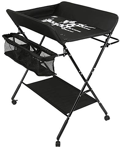Wickeltisch Klappbar-Wickelkommode Babypflegetisch-Mobiler Wickelkombi mit Wickelauflage, Sicherheitsgurt und Ablagefächern, Tragbar Wickelkombination (schwarz-80 * 66 * 98cm)