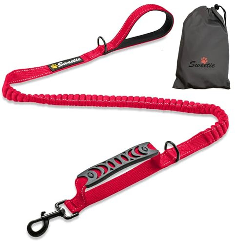 Sweetie Bungee Dog Lead Shock Absorber - Strong Leash 4FT to 5.6FT Long with Soft Padded Handle & Traffic Handle - Reflective Anti Pull Leads for Walking Medium and Large Dogs. Red