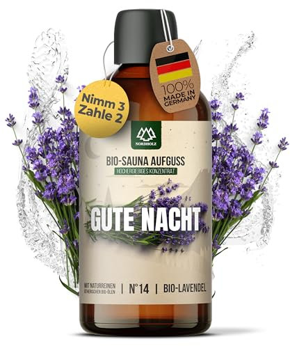 NORDHOLZ® Saunaaufguss BIO [NATURREINE ÄTHERISCHE BIO-ÖLE] Sauna Aufgussmittel #14 Gute Nacht 100ml Lavendel - Sauna Aufguss Zubehör aus Franken