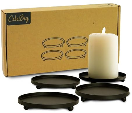 CeleBig Kerzenuntersetzer 4er Set | Ø12cm und 2cm hoch | Elegante Untersetzer mit 3 rutschfesten Füßchen | Ideal für Stumpenkerzen und Teelichter | Schutz für Oberflächen | Stilvolle Deko | Schwarz