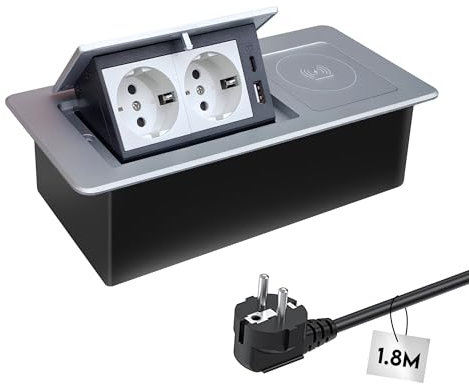 JACEPFY Versenkbare Steckdose mit 15W Kabellosem Ladegerät und PD20W USB C, 2-Fach Einbausteckdose Tischsteckdose für Arbeitsplatte Schreibtisch Küche, Silber