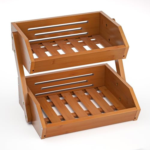 CALM COZY Obstkorb Bambus, 2-stufiger Obst und Gemüse Aufbewahrung Obstschale, Perfekt für Küchenarbeitsplatte, Home Dekorative Lagerung, Braun