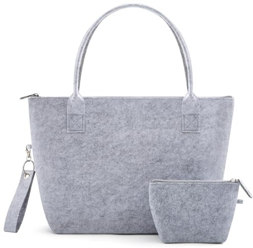 Xuniea Damen Filztasche mit Reißverschluss Grau Filz Tragetasche Mittlere Filz Einkaufstasche Handtasche Shopper mit Kosmetiktasche Portemonnaie Schlüsselanhänger zum Beplotten Bemalen Weihnachten