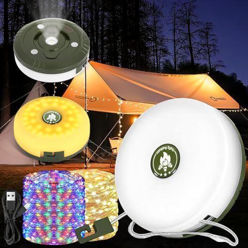 PQETBV Guirlande Lumineuse de Camping, Lampe de Camping Rechargeable, Guirlande Lumineuse Extérieure Portable, Lampe de Camping pour Camping, Cour, Randonnée, Décoration, Noël(10M)