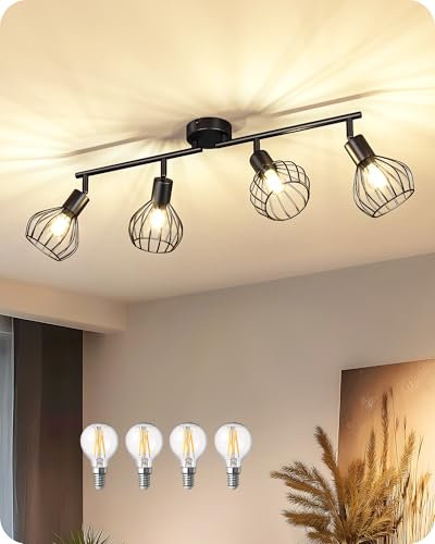 EDISHINE 4 Way Spotlights Ceiling Lights, 4 E14 LED Bulbs Included, 340° Rotatable Industrial Light Fittings Ceilings with Iron Water Drop Cage, 3000K for Kitchen, Bedroom, Hallway, Dining Room