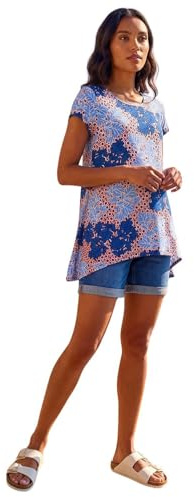 Roman Originals Hanky Hem Tunic Top for Women UK - Ladies Longline Blouse Asymmetric Hemline Short Sleeves Casual Slouch Loose Summer Spring Relaxed Comfortable - Blue Leaf - Size 14