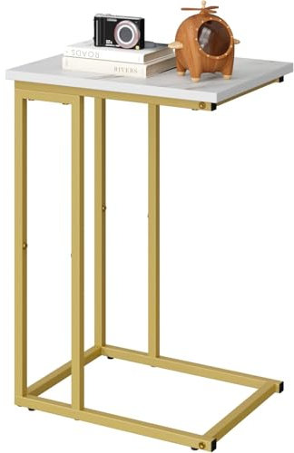 HOME BI C Shaped Side Table, Narrow Sofa End Table, Snack Side Table for Living Room Bedroom Balcony,White Wood Top and Gold Metal Frame