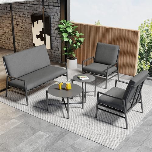 Kehun Gartenmöbel Set, Doppelsofa und Zwei Sessel, Balkonmöbel mit 2 runden Couchtischen, Loungemöbel mit Rücken und Sitzkissen, Outdoor Lounge Tisch und Stuhl Set für 3-4 Personen, Sofa Set, Grau