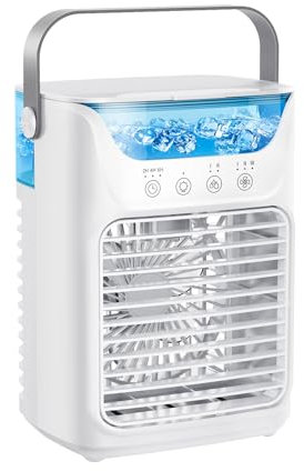 Portable Air Cooler, 4-in-1 Mini Air Cooler With 3 Wind Speed & RGB 7 LED Light & 700ml Water Tank 2-6H Timer, Air Conditioner for Home, Office, Bedroom [Energy Class A+]