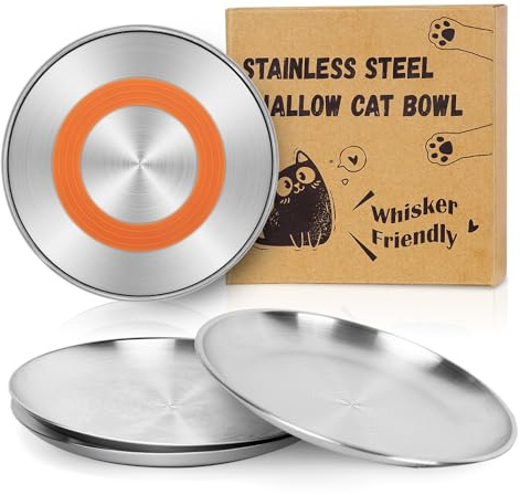 Supet Cat Food Bowls, Whisker Fatigue Cat Dishes, Stainless Steel Non-Slip Cat Plates, 6.7 Shallow Wide Cat Bowls for Indoor Cats, Whisker Friendly Kitten Bowls for Wet & Dry Food (Orange 4 Pcs)