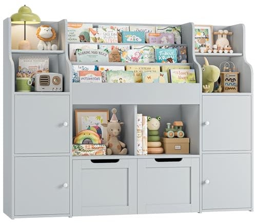 FOREHILL Toy Storage Unit 3-tier Kids Bookshelf Childrens Bookcase Kids Storage with 4 Doors, 6 Open Shelves, 2 Drawers with Wheels for Playroom Nursery Furniture 122x30x100cm Grey