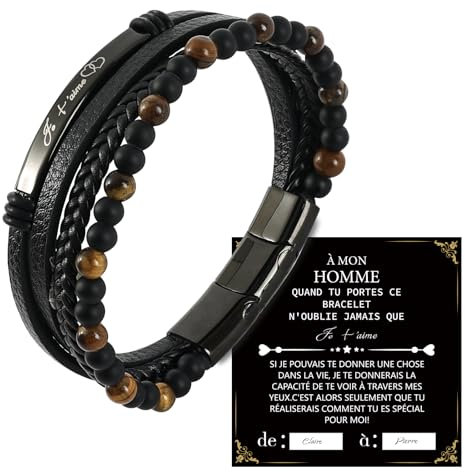 Merclix Cadeau Homme Saint Valentin Bracelet Cuir Homme Anniversaire Je T'aime Idée Cadeaux Mari Copain Couple Cadeau Noël Homme Original